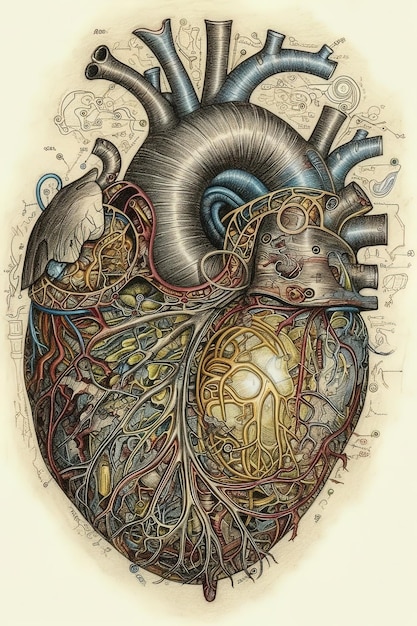 Mooie tekening van een zeer gedetailleerd Victoriaans wetenschappelijke stijlhart Generatieve AI