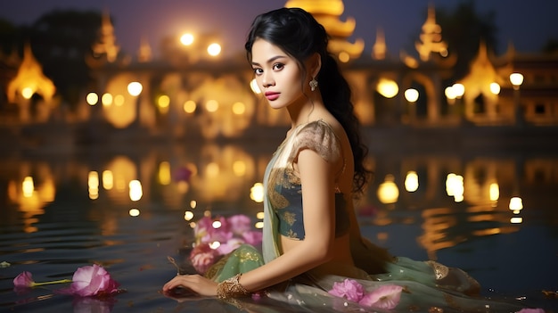 Foto mooie thaise vrouw in een thaise jurk op een houten achtergrond en met een krathong genereren ai