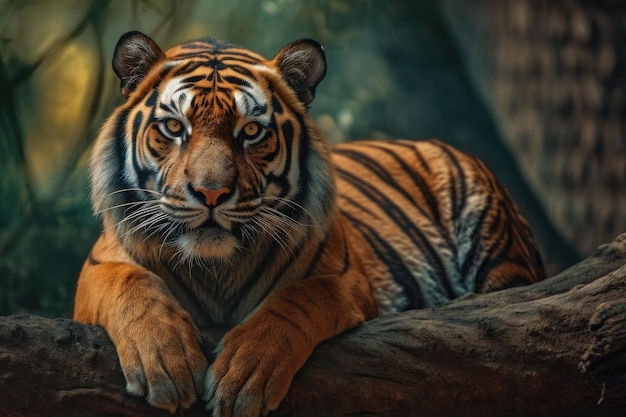 Mooie Tiger Rest op een boomtak extreme close-up Generatieve AI