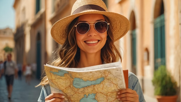 Mooie toeriste met een kaart in haar handen in de stad.