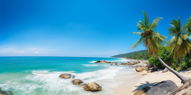Mooie tropische elken en zee op blauwe achtergrond voor behangontwerp Reisachtergrond Tropisch strand