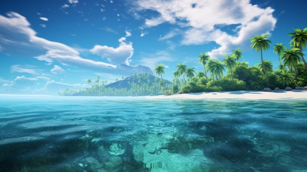 Foto mooie tropische oceaan met blauwe lucht en palmbomen in de zomer
