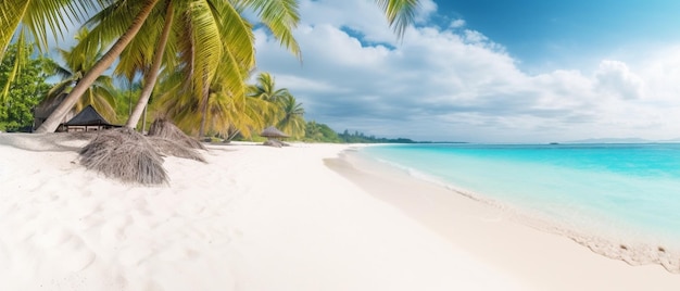 Mooie tropische strandbanner Wit zand en kokospalmen reizen toerisme brede panorama-achtergrond