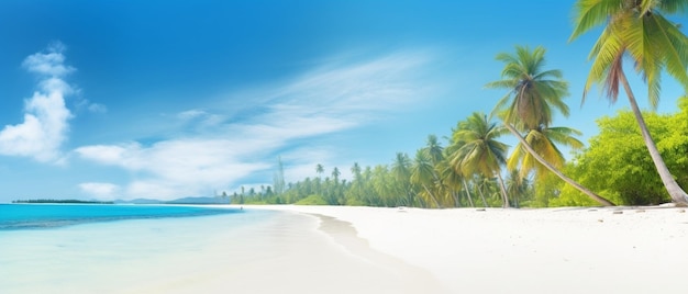 Mooie tropische strandbanner Wit zand en kokospalmen reizen toerisme brede panorama-achtergrond