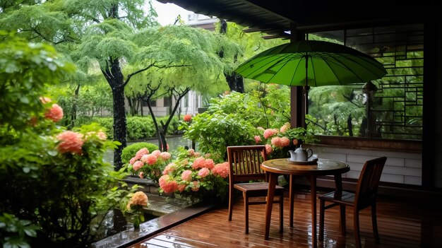 Mooie tuin in regenachtige dag Thailand Selectieve aandacht