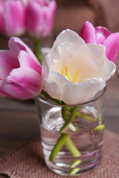 Mooie tulpen in emmer in vaas op tafel op grijze achtergrond