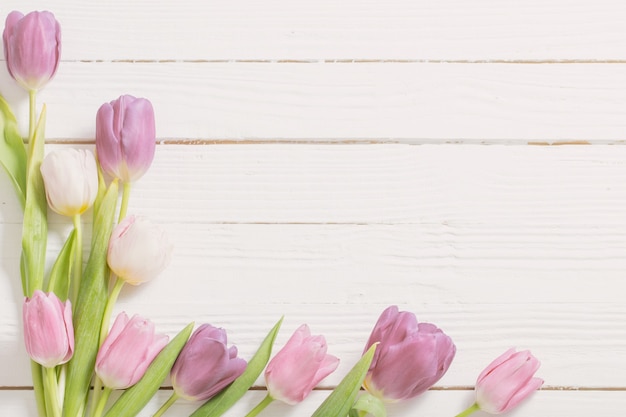 Mooie tulpen op witte houten achtergrond