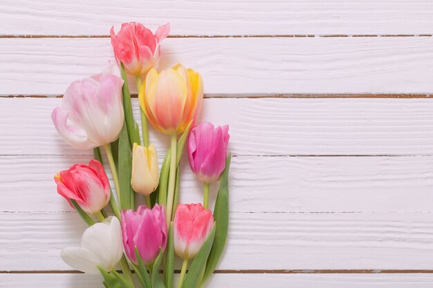 Mooie tulpen op witte houten achtergrond