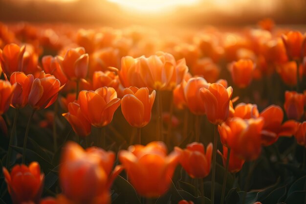 Mooie tulpenbloemen bloeien in een tulpenveld in het licht van de zonsondergang Generatieve AI