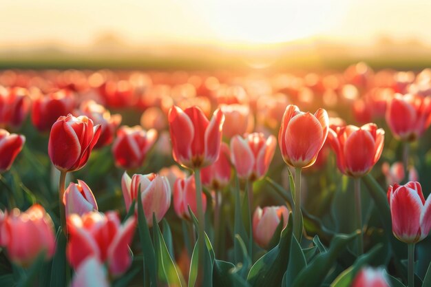 Mooie tulpenbloemen bloeien in een tulpenveld in het licht van de zonsondergang Generatieve AI