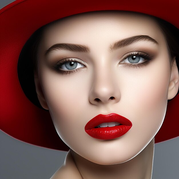 Mooie Turkse vrouwelijke model in rode zwarte en oranje jurken met rode zwarta en oranje Fedora hoed
