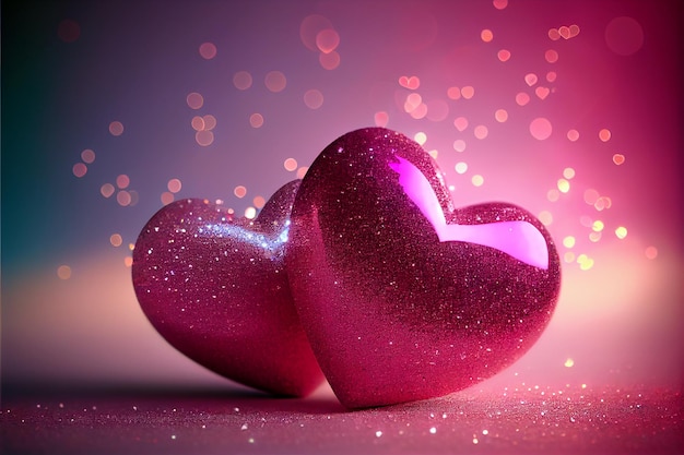 Mooie twee harten met roze glitter geïsoleerd op de achtergrond wazig bokeh