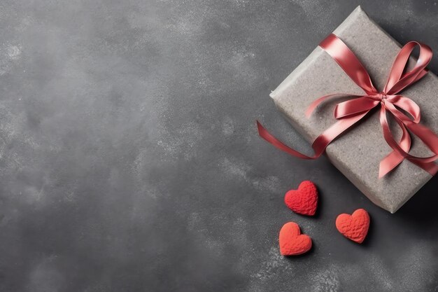 Mooie Valentijnsdag achtergrond met geschenkdoos lint rode harten presenteert rozen en kopieer ruimte