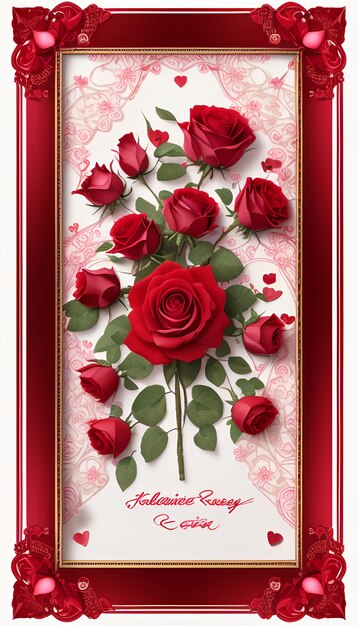 Mooie valentijnskaart met bloeiende rozen en knoppen in rood kader gegenereerd door AI