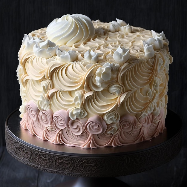 Mooie vanille verjaardag buttercream bloemen cake design foto AI gegenereerde afbeelding