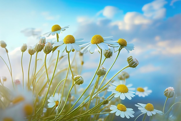 Mooie veldweide bloemen kamille blauwe wilde erwten in de ochtend Generatieve Ai