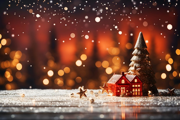 Mooie verlichting en bokeh achtergrond voor kerst dennenboom en rode sterrenballen en geschenkkistjes