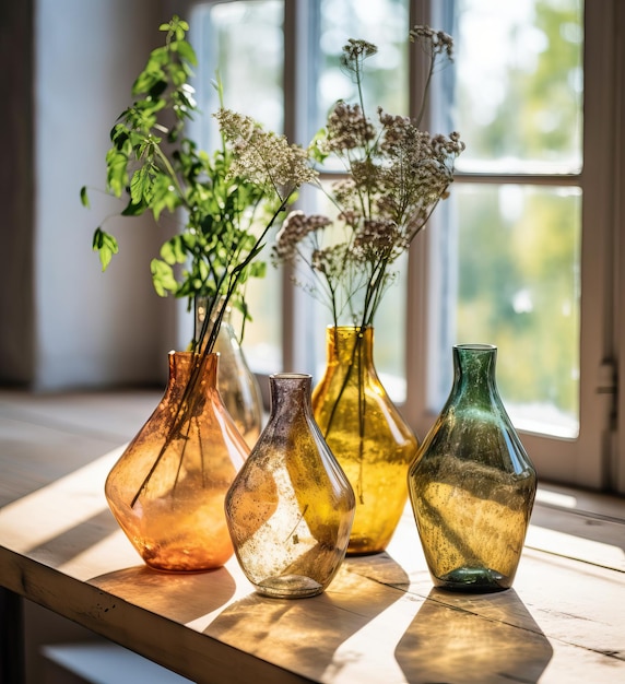 Mooie verse oranje bloemen boeket in kristallen glazen vaas op tafel in warme zonsondergang zonlicht