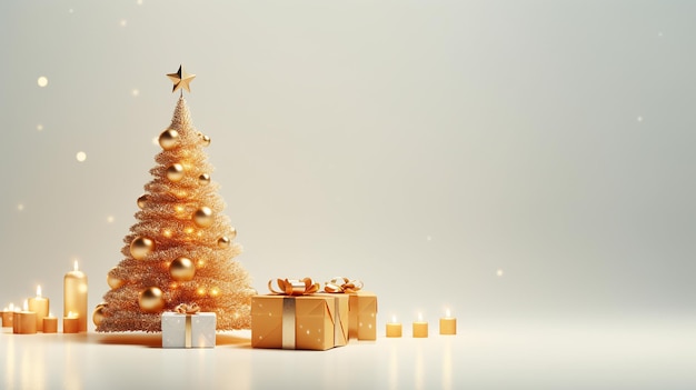 Mooie versierde gouden kerstboom met geschenkkistjes op glanzende achtergrond met kerstverlichting