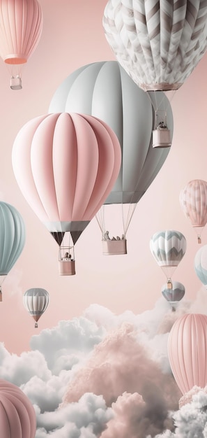 Mooie verticale backgorund met heteluchtballonnen in de lucht in pastelkleuren Generative Ai