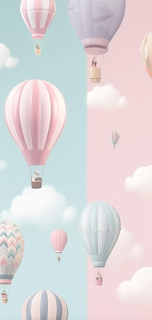 Mooie verticale backgorund met heteluchtballonnen in de lucht in pastelkleuren Generative Ai