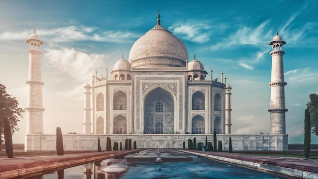 Mooie verticale opname van het Taj Mahal gebouw in Agra India onder een heldere lucht