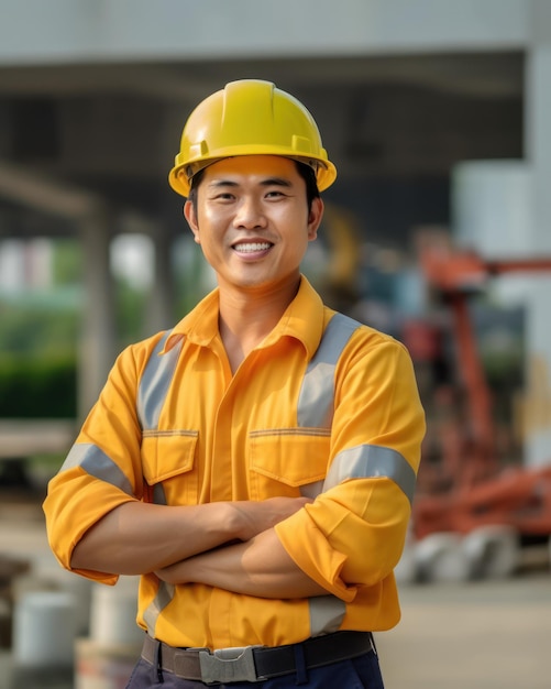 Mooie vertrouwen aziatische man bouwvakker in uniform en veiligheidshelm smilling Dag van de Arbeid