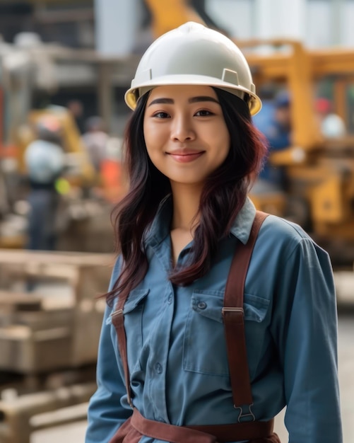 Mooie vertrouwen aziatische vrouw bouwvakker in uniform en veiligheidshelm smilling Dag van de Arbeid