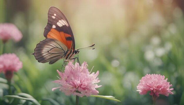 Foto mooie vlinder met roze bloemen