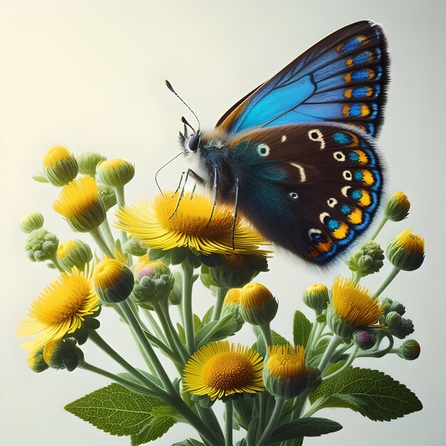 Foto mooie vlinder met veel bloemen met een platte kleur achtergrond
