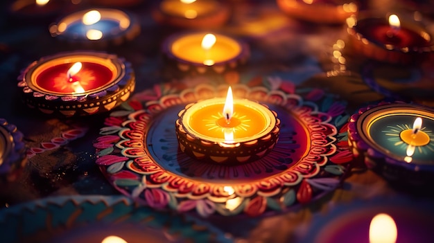 Mooie vloerdekoratie van Diwali met Diya en Rangoli Viering van Diwani met lichten