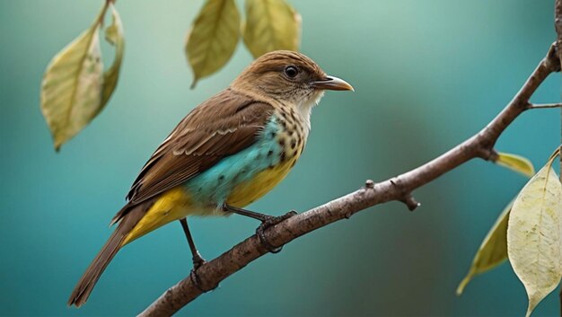 Mooie vogel die op een tak zit met bladfoto