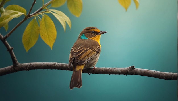 Mooie vogel die op een tak zit met bladfoto