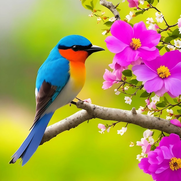 Foto mooie vogel die zich op bloemtak bevindt