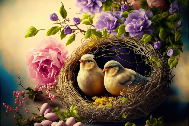 Mooie vogels die in stoknest zitten met kleine eieren op de achtergrond van bloeiende bloemen en abstract florals Paasvakantieontwerp