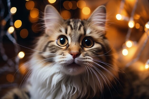 Mooie volwassen kat bij de kerstboom tegen de achtergrond van wazige kerstverlichting