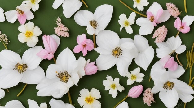 Mooie voorjaarsbloemen en bladeren op witte achtergrond met negatieve ruimte