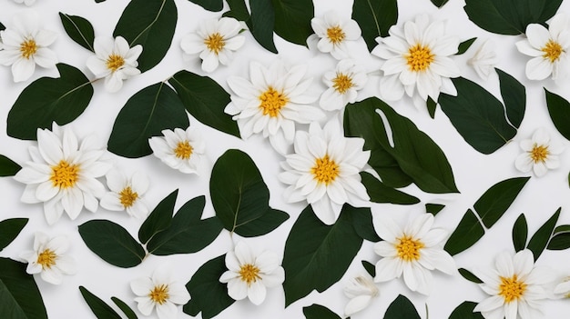 Mooie voorjaarsbloemen en bladeren op witte achtergrond met negatieve ruimte