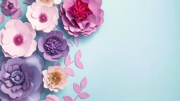 Mooie voorjaarsbloemen op blauwe achtergrond met kopieerruimte Papercut stijl