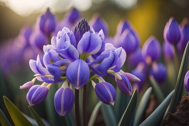 Mooie voorjaarscrocusbloemen in de tuin Bloemachtige achtergrond ai generatief