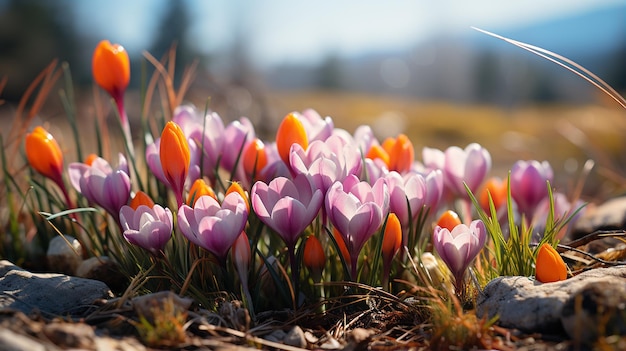 Mooie voorjaarscrocusbloemen met paaseieren