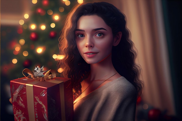 Mooie vrouw 3D-model staande met cadeau Er is een kerstboom versierd op de achtergrond met lichtjes