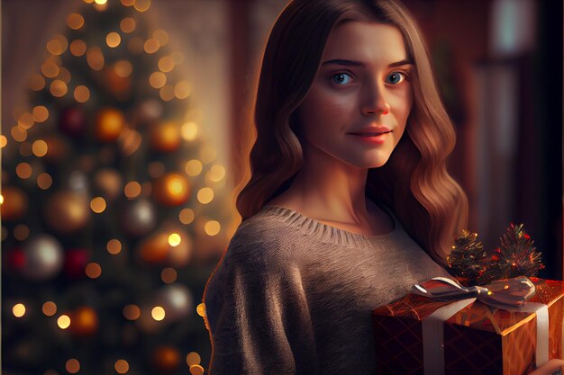 Mooie vrouw 3D-model staande met cadeau Er is een kerstboom versierd op de achtergrond met lichtjes
