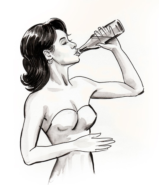 Mooie vrouw bier drinken uit de fles. Inkt zwart-wit tekening