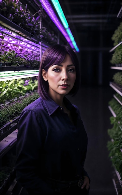 Mooie vrouw bij LED verticale landbouw plant generatieve AI