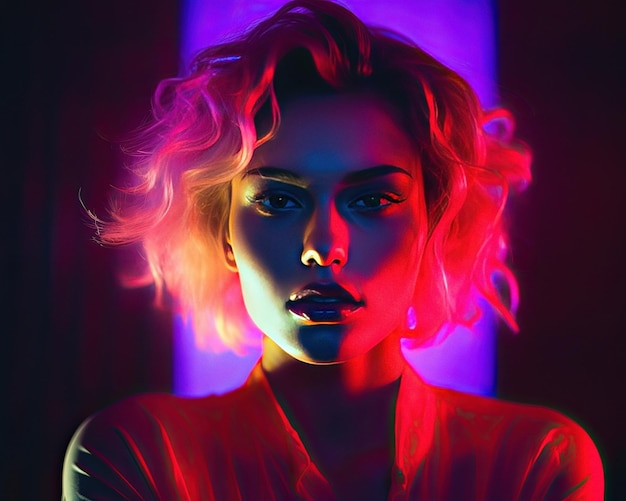 Mooie vrouw close-up neonlicht portret