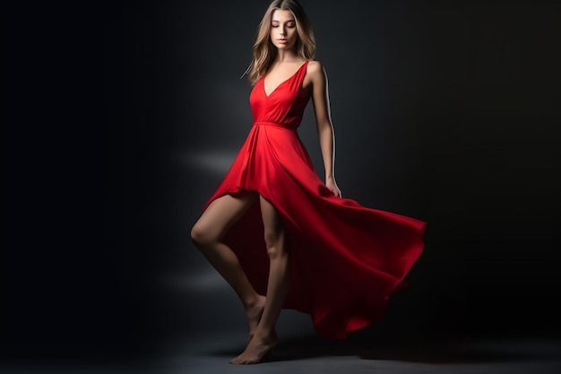 mooie vrouw dansen in rode feestkleding jurk donkere achtergrond