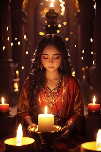 Mooie vrouw die bij kaarsen knielt en Diwali viert