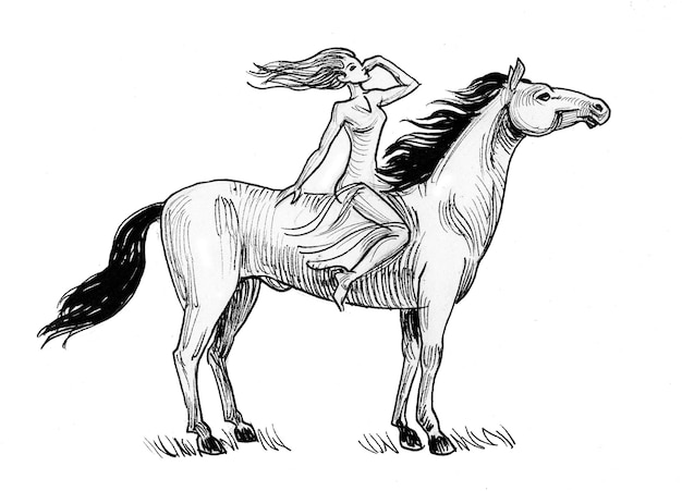 Mooie vrouw die een paard berijdt. Inkt zwart-wit tekening
