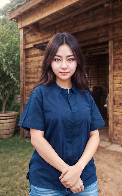 Mooie vrouw die een traditioneel Thais blauw shirt draagt met Morhom generatieve AI met korte mouwen